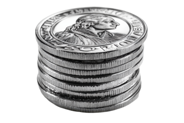 Stack of silver coins isolated on transparent background