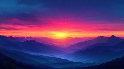 A beautiful mountain range with a sunset in the background. Generative AI
