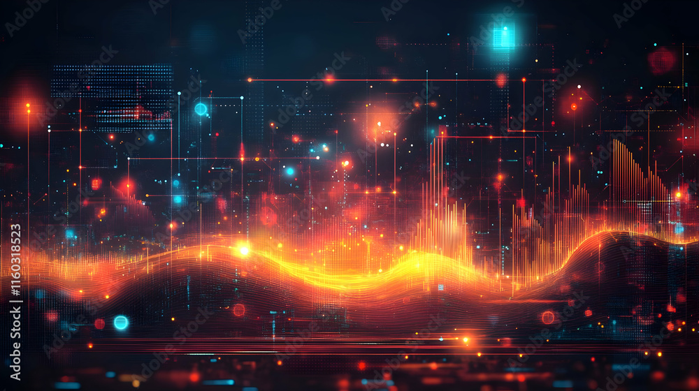Poster abstract digital visualization of sound waves and data patterns.
