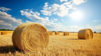 Sunlit golden hay bales stacked neatly in an open rural field under a clear blue sky on a bright sunny day
