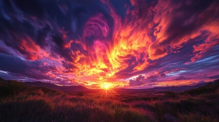 Fototapeta premium A beautiful sunset with a large orange cloud in the sky. Generative AI