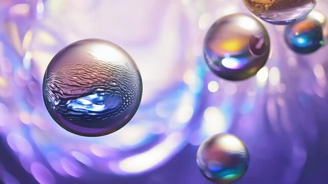 Shimmering Dreamlike Iridescent Orbs Dance and Radiate in Textured Fluid with Stunning Glistening Bokeh for a Surreal Celebratory Backdrop in 4K
