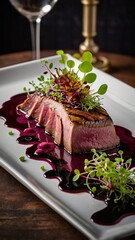 Magret de Canard arranged artistically with a beetroot pur&eacute;e smear, microgreens, and a drizzle of balsamic reduction, plated in a fine dining style.