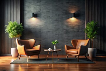 Obraz premium Minimalist Interior Design: Two Armchairs & Small Table Against Dark Wall - Wide Angle Photography