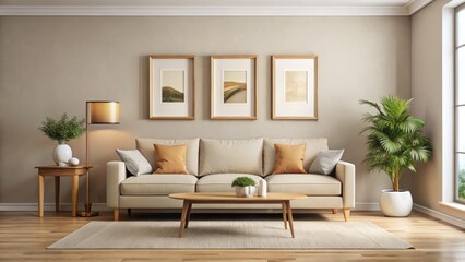 Minimalist Living Room Design: Beige Sofa & Empty Frames - Eye Level Photography