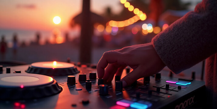 A scene conveys both excitement and artistry, with the DJ’s hand leading the way in creating the perfect vibe for the festival.