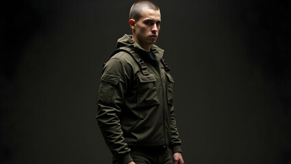 Obraz premium A man in a stylish olive green tactical jacket.
