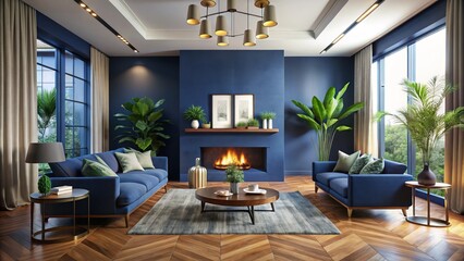 Fototapeta premium Modern Living Room Design: Dark Blue Walls, Wooden Floors, Fireplace, Rule of Thirds Composition