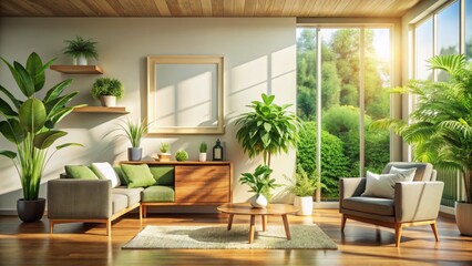Modern Living Room Design: Wide-Angle Shot of Cozy Space with Plants, Wooden Furniture & Empty Frame