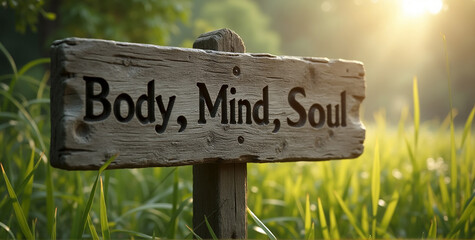 An old wooden signpost outdoors in nature, with the words "Body, Mind, Soul" carefully engraved into the weathered wood