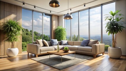 Modern Minimalist Living Room: Modular Sofa, Large Windows, Worm's Eye View Interior Design