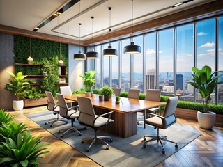 Fototapeta premium Modern Office Meeting Room Design: Bird's Eye View 3D Rendering - Architectural Visualization