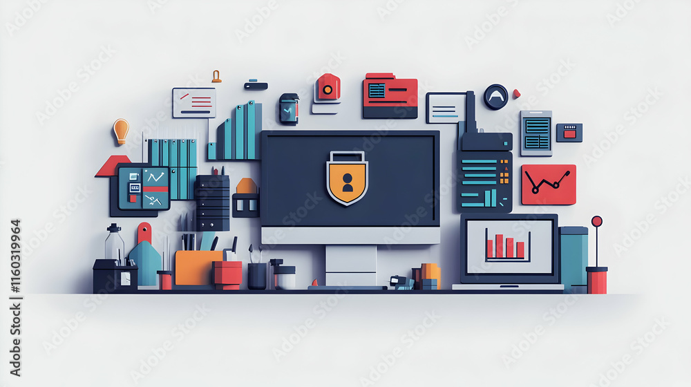 Poster a digital workspace featuring security icons and data analytics graphics.