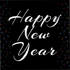 Happy New Year 2025 white color typography template with black background and Confetti. 
