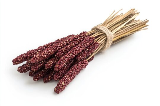 A bunch of dried millet stalks tied with twine, resting gracefully on white.