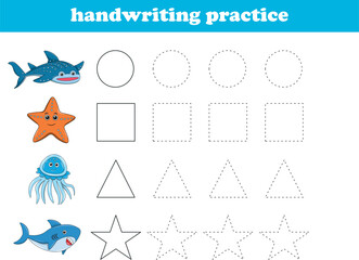 Handwriting Practice. Tracing lines of different shape for kids with animals. Vector Illustration