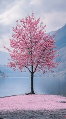 A magnificent and beautiful cherry blossom tree standing alone, with beautiful mountain and lake views