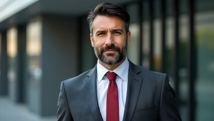 Confident Businessman in Gray Suit Outdoors
