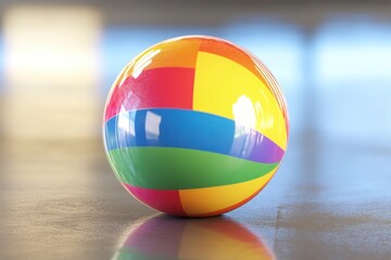 Fototapeta premium A cheerful rainbow-striped beach ball sitting on a glossy surface.