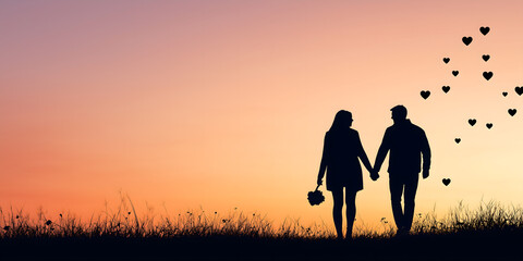 silhouette couple holding hands walking at sunset heart shaped bubbles floating above