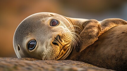 Adorable seal resting on a rock in golden light, with a peaceful and relaxed expression.