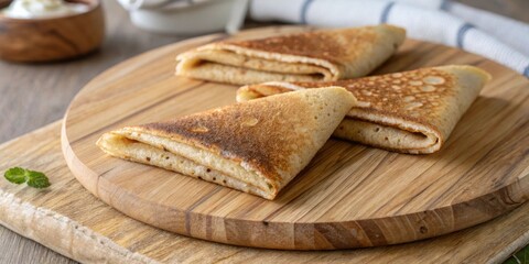 Pancakes on Shrovetide folded in triangles on wooden board
