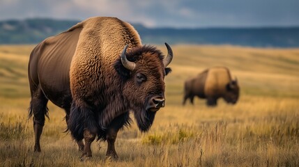 Majestic bison standing on an open grassland, with another bison grazing in the background.