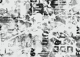 Fototapeta premium Background with glitch distorted grunge textures . grunge background texture with halftone dots, glitched shapes, textures and lines .Screen print vector background with grunge textured surface.