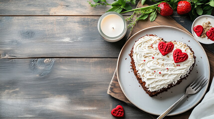 Delicious heart shaped cake with cream and strawberries for celebration