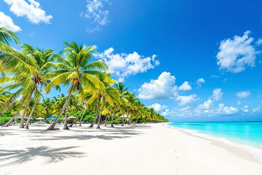 A tropical beach with vibrant palm trees, white sand, and turquoise ocean water under a sunny blue sky with fluffy clouds. Concept of relaxation. Ai generative