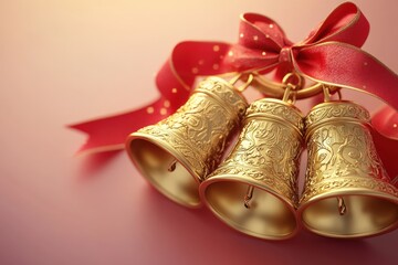 A festive render of vintage-style golden bells adorned with a decorative red ribbon, featuring intricate engravings, isolated on a clean background