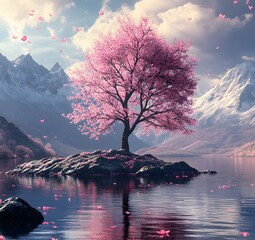 A magnificent and beautiful cherry blossom tree standing alone, with beautiful mountain and lake...