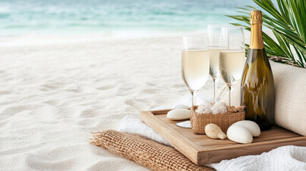 Chilled champagne on beach with glasses and decorative stones