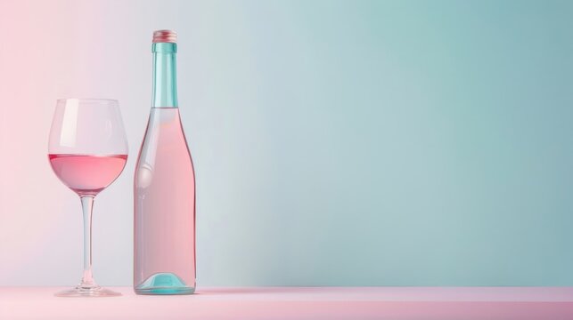 Refreshing pink wine bottle and glass set on a soft pastel background for elegant presentation