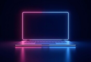 3d render laptop notebook electronic device isolated on ultra violet background, illuminated with neon light. Virtual reality. Futuristic technology concept. Digital illustration
