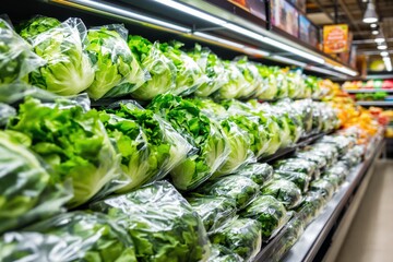 Rows of fresh green lettuce heads wrapped in clear plastic on supermarket shelves, bright lighting, showcasing freshness and organic concept. Ai generative