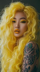 Fototapeta premium A confident Asian woman with long curly yellow hair, yellow lips, soft light makeup, and bold tattoos. She exudes elegance in a vibrant yellow photoshoot, showcasing her natural beauty.
