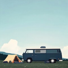 Camper van and tent at campsite, scenic view.