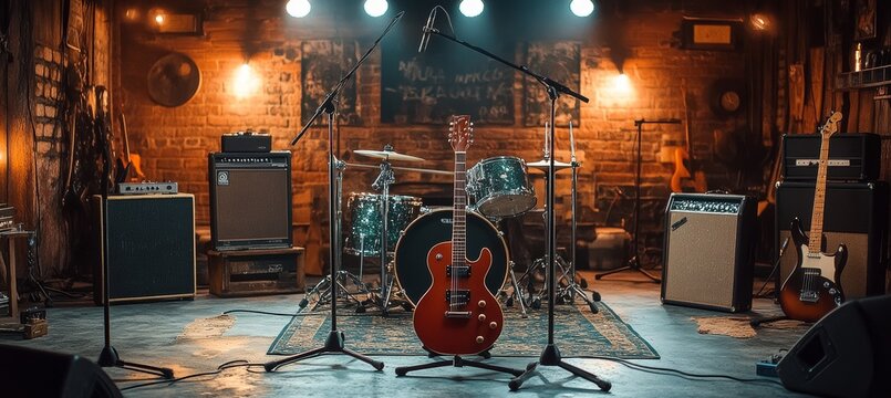 Studio band with instrument. Music and song hobbies. Generative AI technology.	
