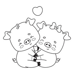 Couple pigs in love. Two hugging piglets, boy and girl. Cute outline animal cartoon character. Line drawing, coloring book. Vector illustration