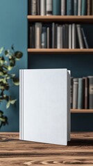 A blank book standing upright on a wooden table
