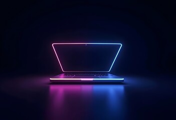 3d render laptop notebook electronic device isolated on ultra violet background, illuminated with neon light. Virtual reality. Futuristic technology concept. Digital illustration
