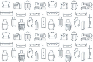 Travel seamless pattern of suitcases in line art style. Concept of travel, vacation, business trip. Vector hand drawn background.