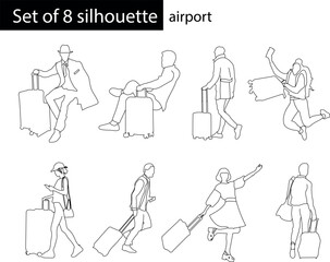 Set of 8 silhouette peoples at the airport with luggage. Vector in line art.