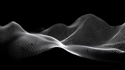 Abstract white particle wave landscape on black background.