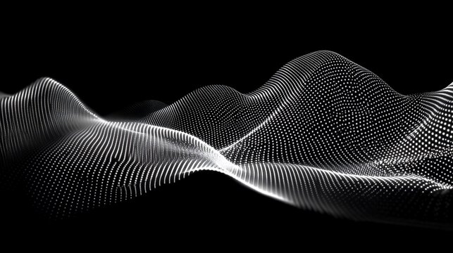 Abstract white particle wave landscape on black background.