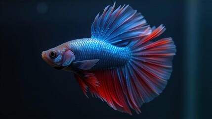 Fototapeta premium Betta fish with vibrant blue and red fins in aquarium
