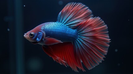 Fototapeta premium Betta fish with vibrant blue and red fins in aquarium