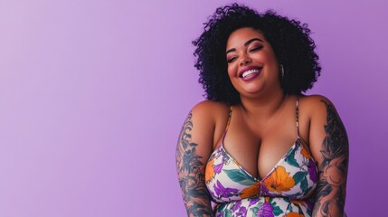 A confident plus-size woman with bold tribal tattoos on her legs, dressed in a fashionable floral sundress, smiling against a solid lavender background.