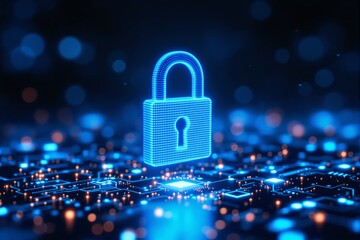 Glowing digital lock over a futuristic circuit background, symbolizing security and technology. Blue tones, dark background, concept of cybersecurity. Ai generative